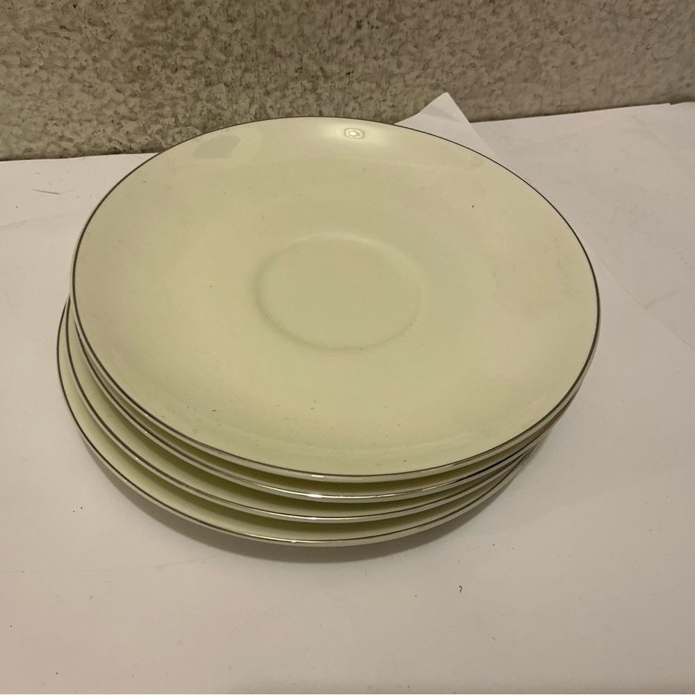 4 Crate & Barrel white silver trim fine bone china  saucers 6 in made in Germany